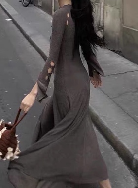 【chenyunmu】peng台 重工 咖灰  破洞细节 裙摆  羊绒 连衣裙