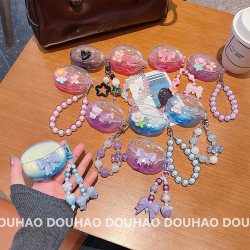 适用于OPPOEncoAir4pro保护套 蓝牙耳机保护壳 渐变 EncoR3Pro Air3 Free3 2i 3i DIY立体 珠子链条 防摔软套