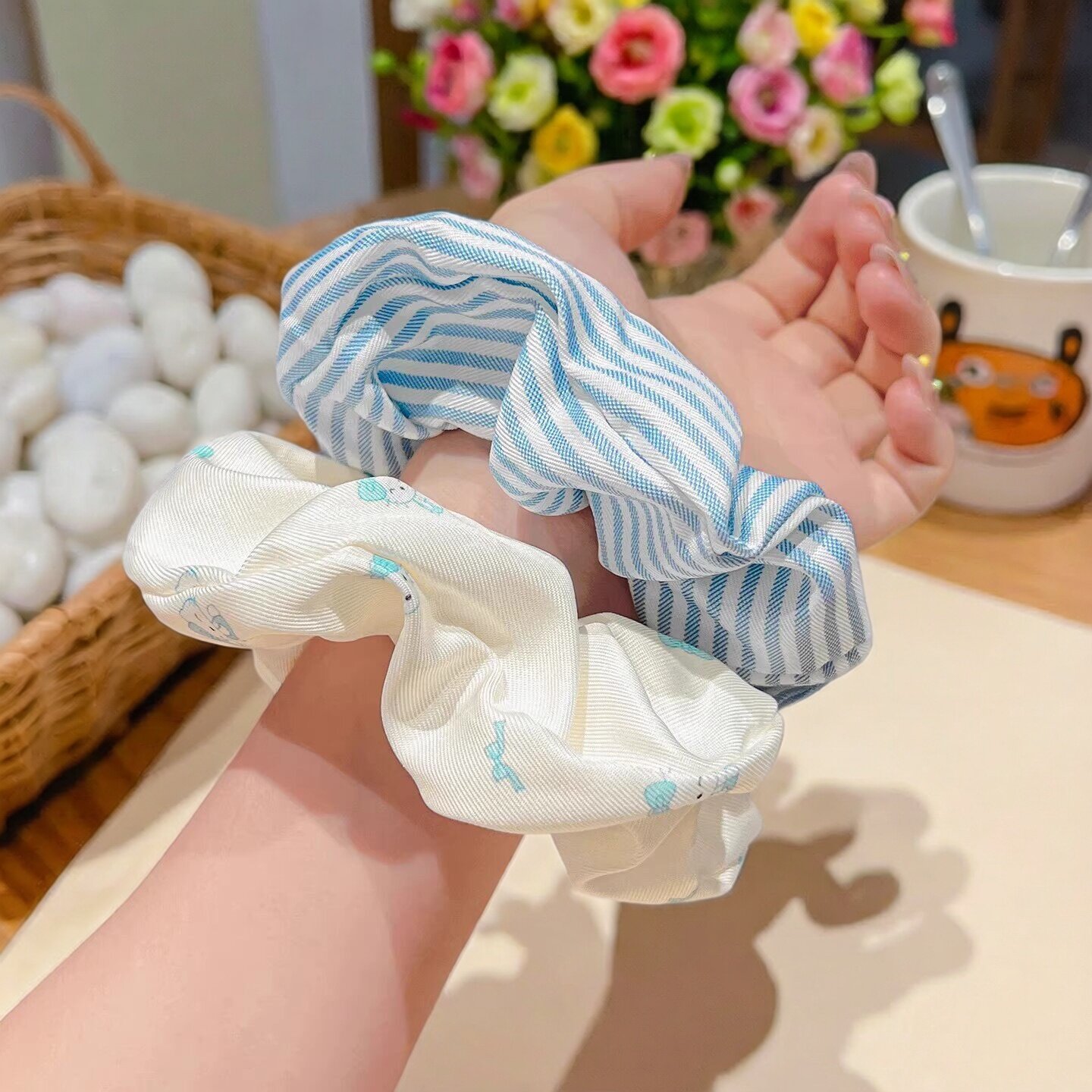 蓝白条纹发圈小清新大肠发圈女高弹力头绳不勒头皮筋发绳发饰可爱