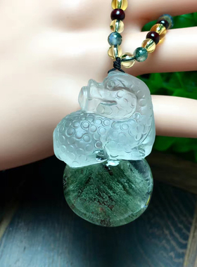天然水晶绿幽灵貔貅吊坠千层绿幽灵聚宝盆挂坠天然色翠绿色