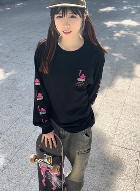 SKALUTE透气数码印花恐龙卡通涂鸦黑色全棉长袖T恤重磅宽松CT022