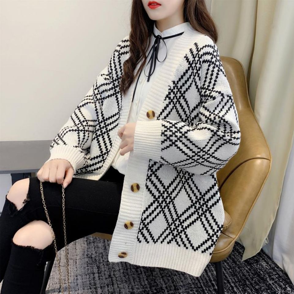 格子条纹百搭毛衣女外套春秋季新款慵懒风韩版宽松小清新针织