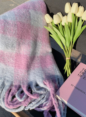 粉色系格子软糯毛毛围巾紫色系温柔风仿羊绒手感围脖条纹撞色披肩