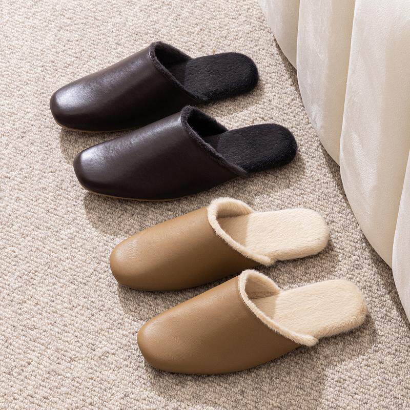 高级感日式家居棉拖鞋秋冬季室内家用真羊皮保暖毛绒拖鞋防滑男女
