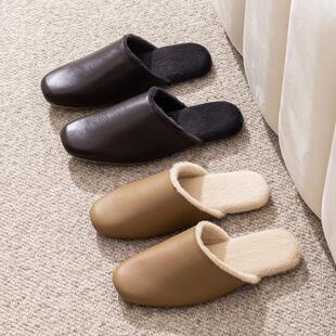 高级感日式家居棉拖鞋秋冬季室内家用真羊皮保暖毛绒拖鞋防滑男女