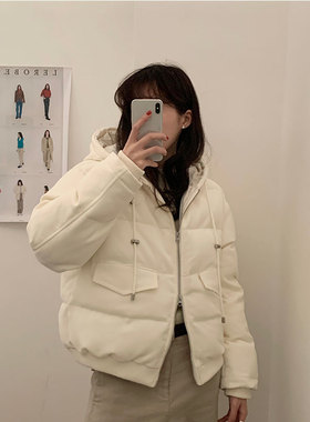 HGE睡格好觉 米白色连帽羽绒棉服 洋气短款棉衣外套