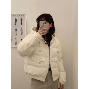 HGE睡格好觉 米白色连帽羽绒棉服 洋气短款棉衣外套