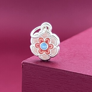 999足银配件挂坠桃花珐琅彩胶纯银挂件3D硬银古法做旧DIY编绳文玩