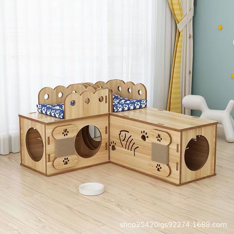 猫窝四季通用可坐猫隧道木质猫钻洞猫抓板猫屋猫吊床猫玩具猫