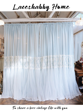 LACESHABBY新款法式洛可可风格清新淡蓝色刺绣蕾丝窗帘纱帘一体