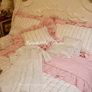 LACESHABBY新款 复古条纹碎花荷叶边粉色纯棉公主床品四件套 法式