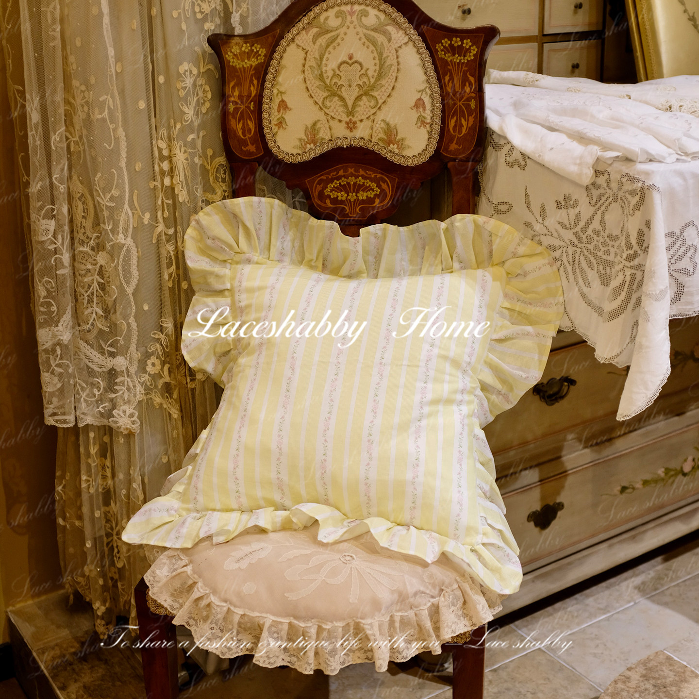 治愈系的家!LACESHABBY法式黄色纯棉条纹碎花荷叶边抱枕靠枕靠垫