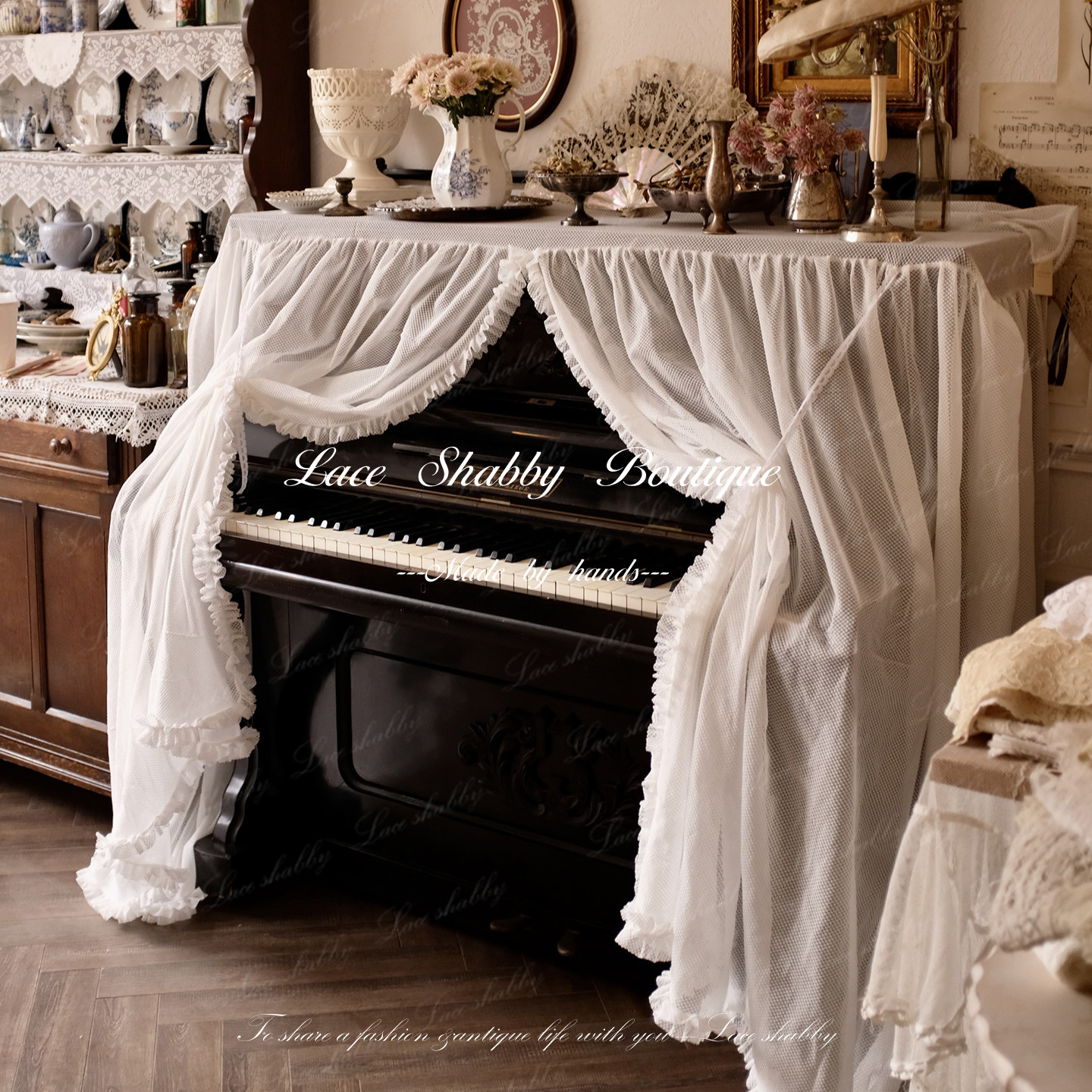 太浪漫了!法国非遗列维斯蕾丝手工白色荷叶边钢琴盖巾防尘钢琴罩
