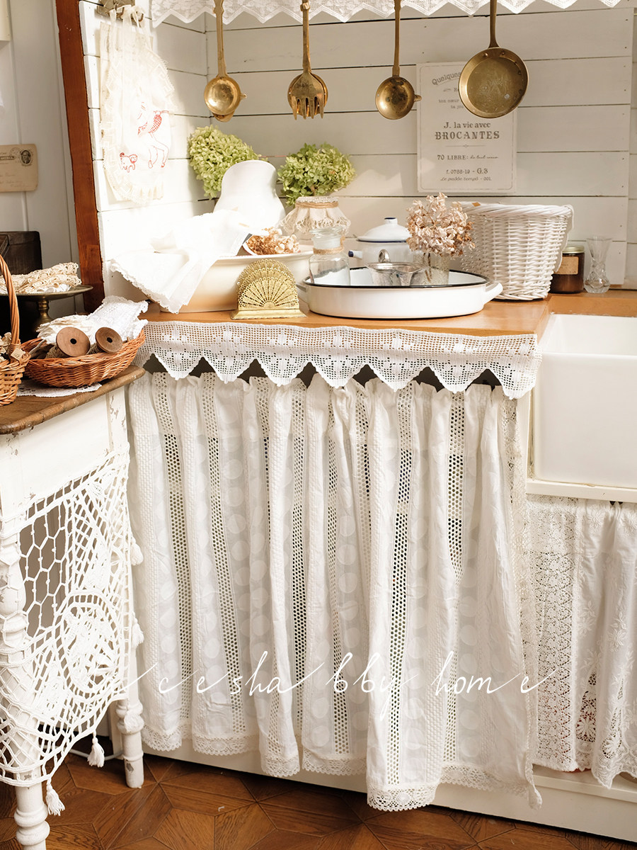 新款法式复古风格小清新波点绣花白色纯棉蕾丝窗幔窗帘遮挡帘柜帘