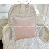 新款 原创复古意大利丝绒珍珠蕾丝荷叶边方形纯色卧室靠枕靠垫抱枕