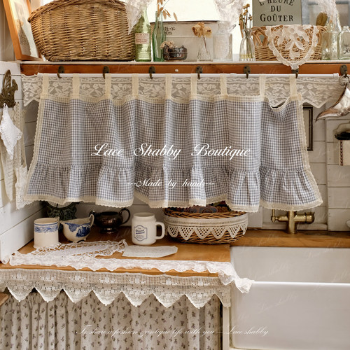 法式复古棉麻蓝色格子蕾丝半帘