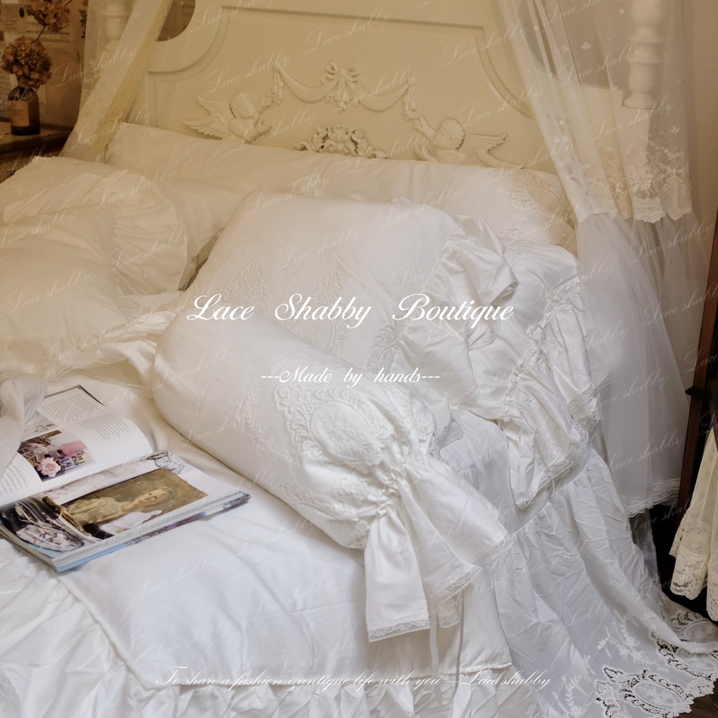 太浪漫了！LACESHABBY原创南法中古风刺绣蕾丝白色纯棉抱枕糖果枕