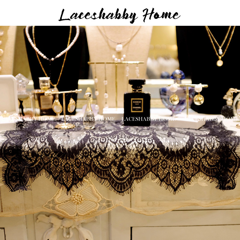LACESHABBY 새로운 프랑스어 라이트 럭셔리 복고풍 속눈썹 레이스 블랙 드레싱 테이블 커버 식탁보 쥬얼리 배경