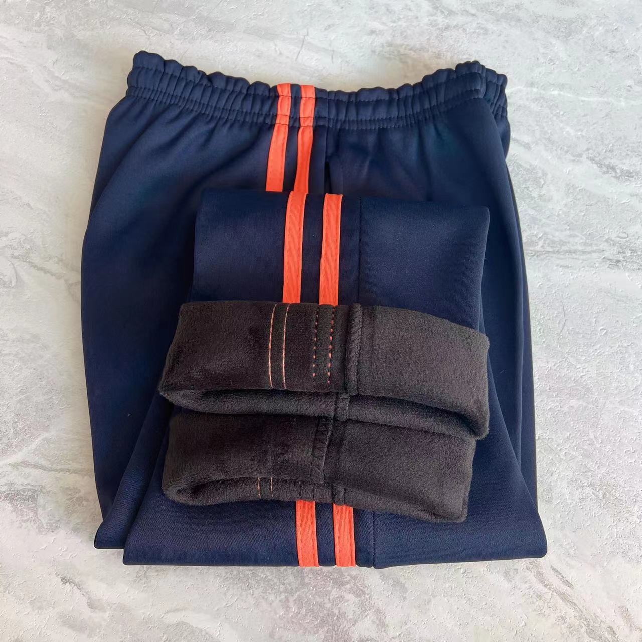 加绒冬季校服裤子两条杠双橙条藏蓝色初中小学生厚款保暖男女校裤