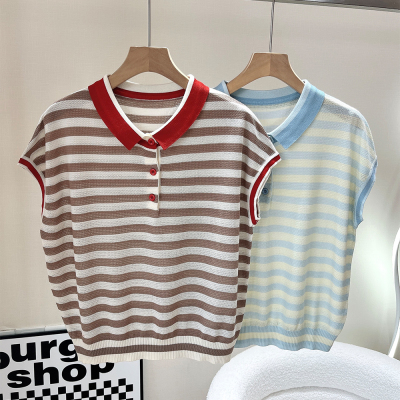 天丝翻领短袖针织衫女套头冰丝女