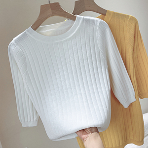 春夏冰丝韩版简约圆领套头中袖针织衫T恤修身五分袖打底衫女上衣