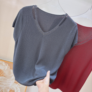 烫钻短袖 时尚 上衣女宽松 新款 气质通勤漏锁骨V领套头针织T恤女夏季
