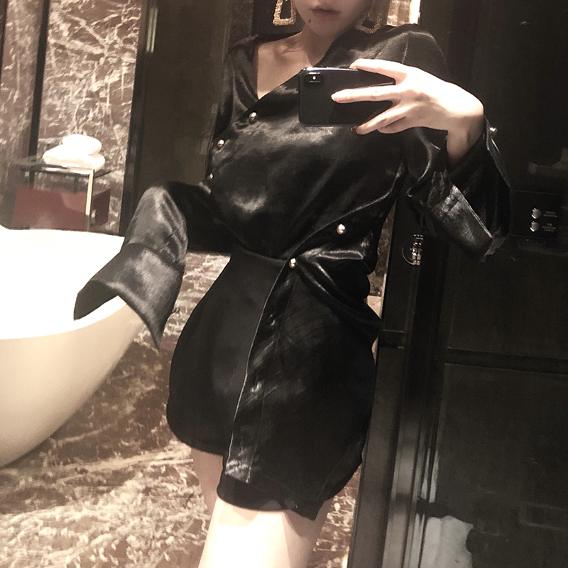 IS Edition金屬光澤設計感襯衫女夏2018新款長袖chic上衣港味性感