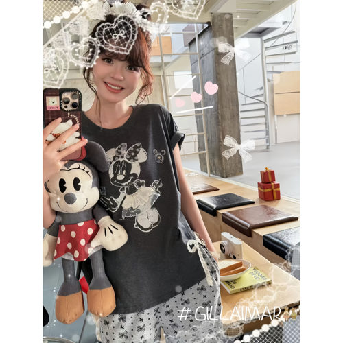 小熊家睡衣短袖九分裤纯棉卡通圆领蝴蝶结花边家居服女夏天可外穿