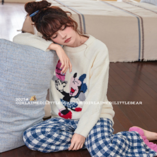小熊蛋糕米妮睡衣女冬加厚保暖半边绒长袖格子裤圆领家居服防静电