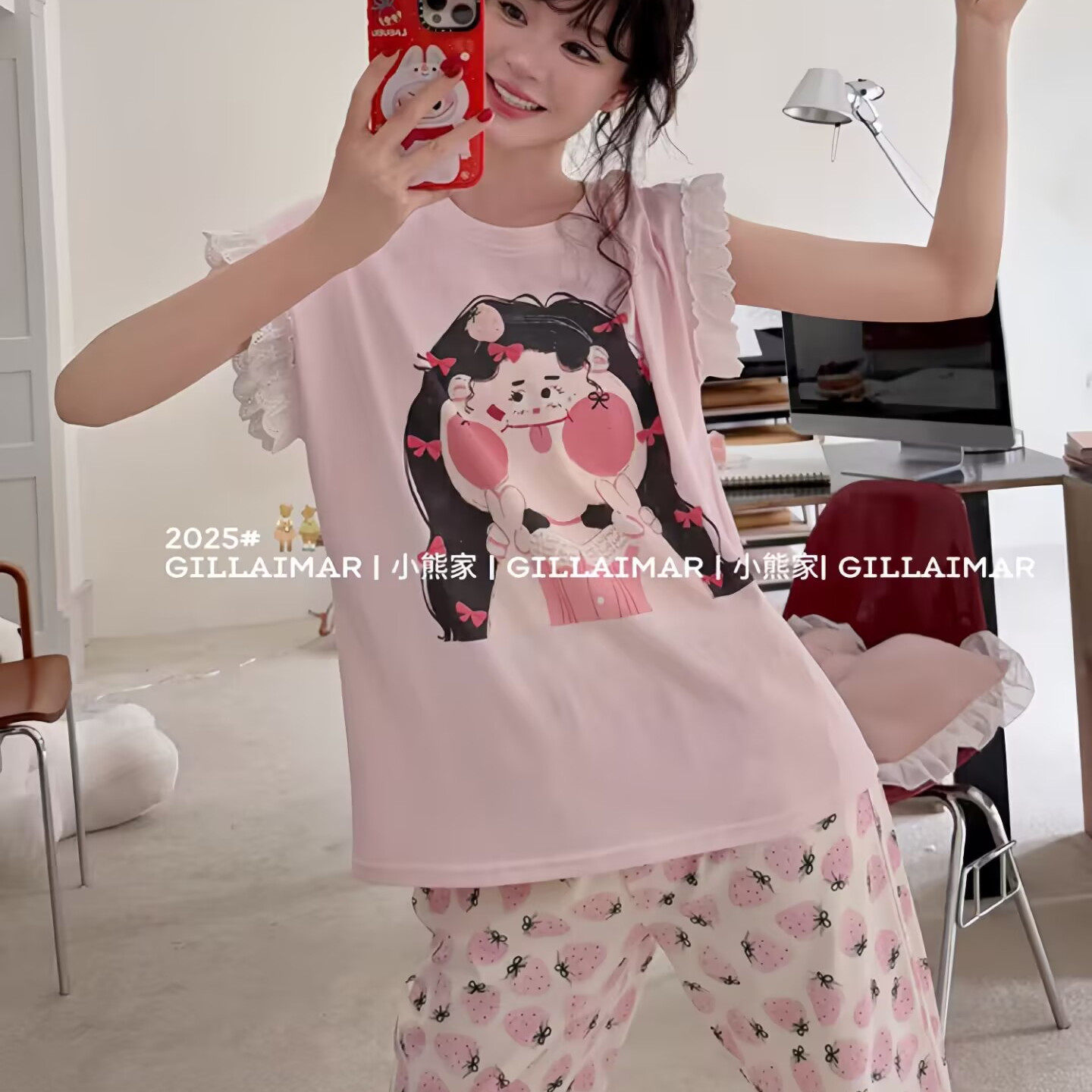 睡衣女夏短袖纯棉家居服甜美花边可爱卡通草莓女孩粉色显瘦套装