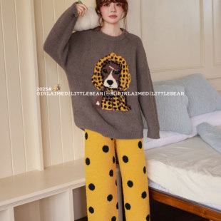 小熊家半边绒睡衣女冬加厚加绒保暖可爱卡通长袖家居服秋季珊瑚绒