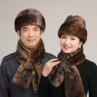 老年人帽子东北保暖仿水貂老人雷锋帽冬季老头老太太帽围巾套装