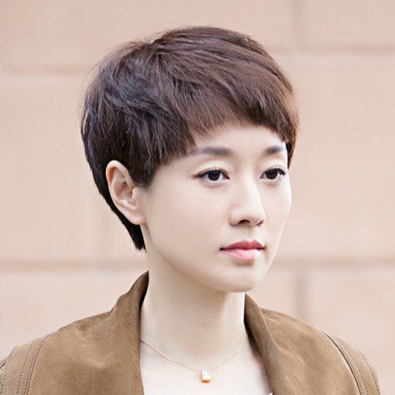 假发女短发圆脸全真狗啃刘海短直发中老年减龄帅气全
