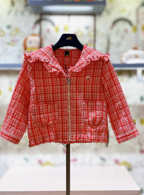 原D阿路小雨伞春款女童红色格子衬衫花边领外套XF331401