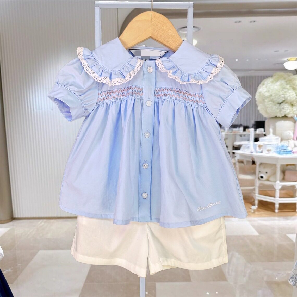 Y韩版童装夏款女童宝宝花边领衬衫+白短裤超值两件套装TZ6032603