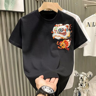 醒狮刺绣短袖 宽松潮流中国风上衣服 t恤男夏季 纯棉重磅正肩体恤衫