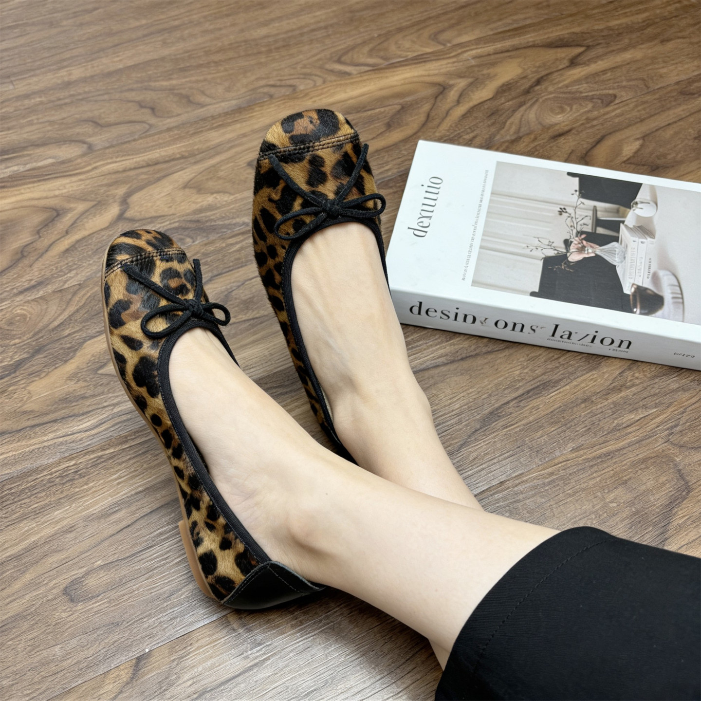 高级马毛豹纹蝴蝶结芭蕾鞋女舒适软底方头浅口单鞋奶奶鞋通勤百搭