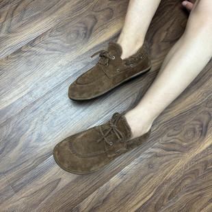 外贸真皮加绒乐福鞋女羊羔毛单鞋平底豆豆鞋小皮鞋保暖勃肯鞋棉鞋