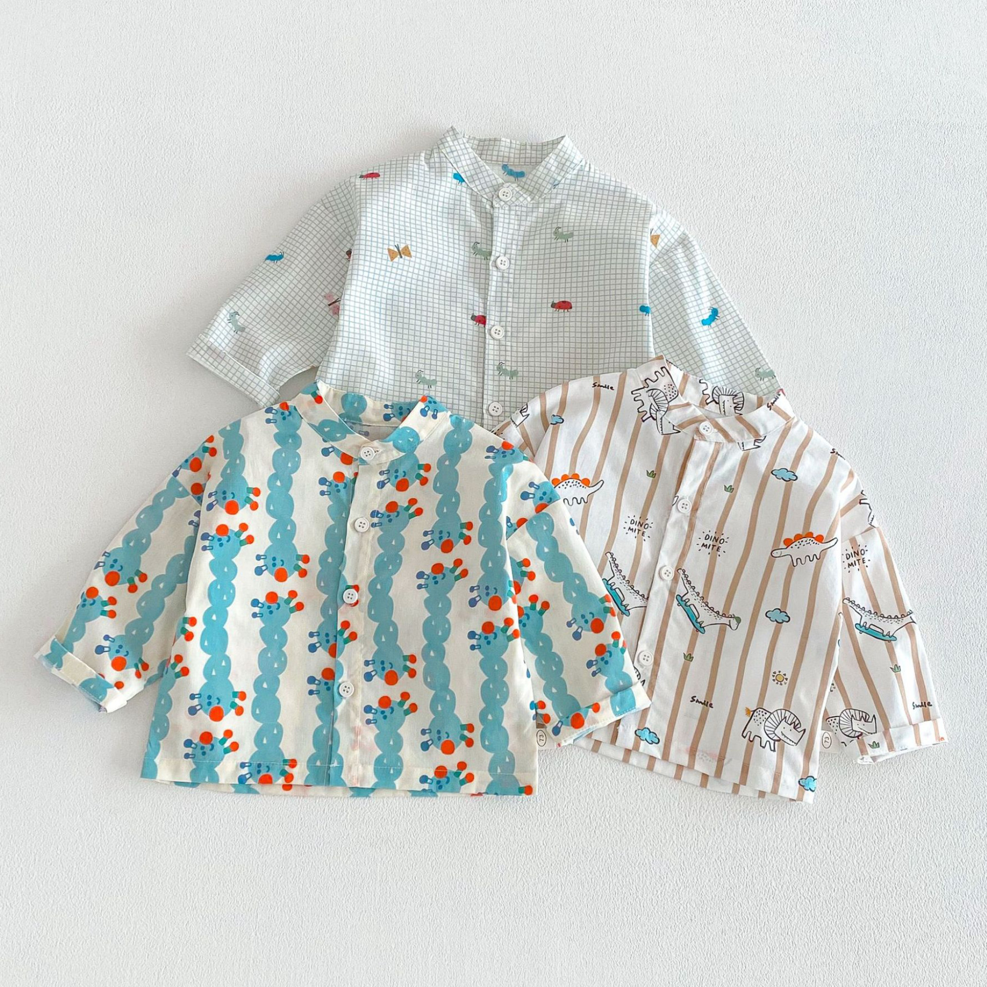 儿童卡通衬衫春装春秋季男宝宝恐龙条纹衬衣韩版小童格子开衫上衣