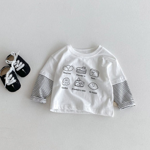 T恤2025新款 打底衫 春秋装 男童女童洋气拼袖 宝宝上衣 韩版 儿童长袖
