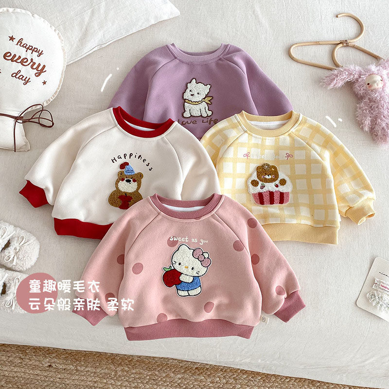 儿童加绒卫衣冬季女童洋气加厚卡通上衣套头衫女宝宝可爱保暖冬装