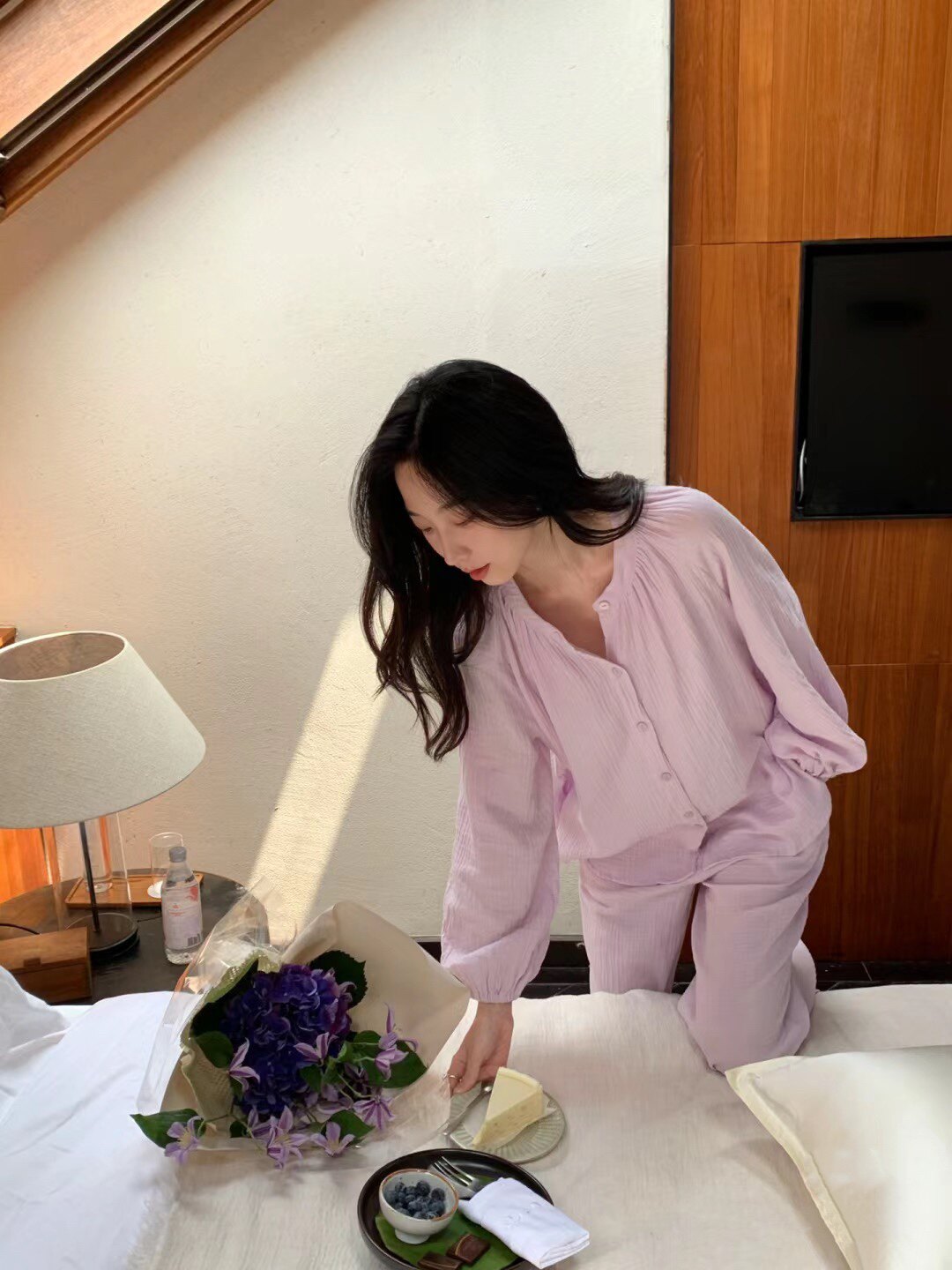 赵丽颖同款睡衣全棉家居服透气婴儿棉纱布睡裤套装纯棉白色春夏款