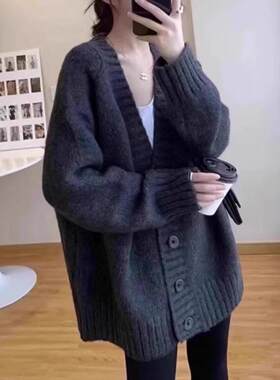 韩版大毛衣外套女秋冬加厚慵懒风中长款纯色针织开衫宽松大码外搭