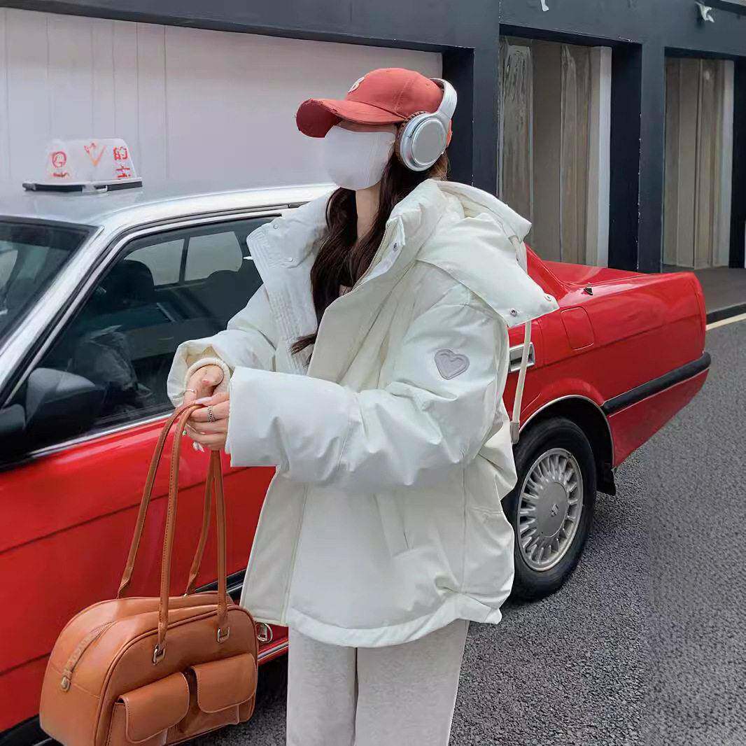 工厂定制韩版灰色爱心短款羽绒棉服学生大码棉衣女情侣面包服