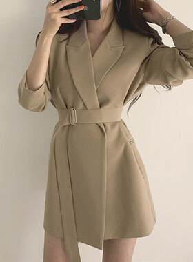 网红小西装中长款chic复古系腰带韩版2026休闲气质ins西装外套女r