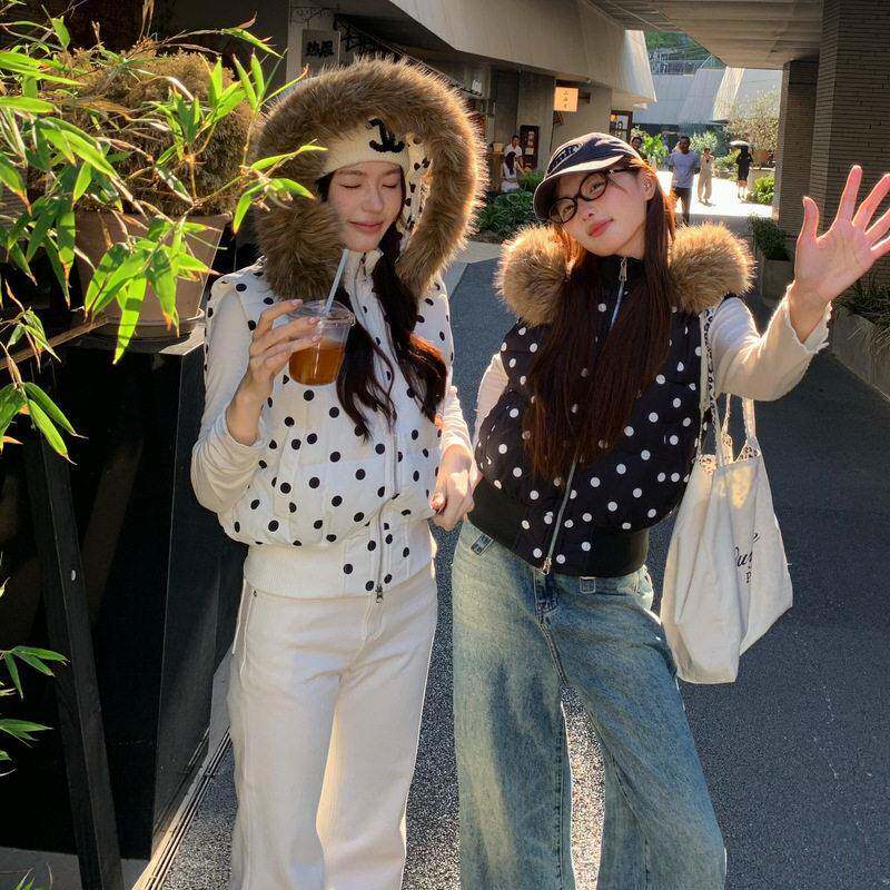 跨境美式波点马夹可拆卸帽子无袖棉马甲女休闲毛领可拆叠穿棉衣