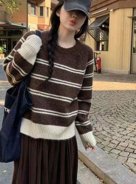 新款时尚韩版学院风条纹针织衫秋冬套头撞色宽松慵懒风毛衣女上衣
