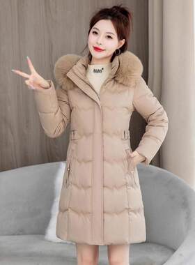 羽绒棉服女中长款棉衣韩版修身大毛领棉袄2025加厚棉袄女新款外套