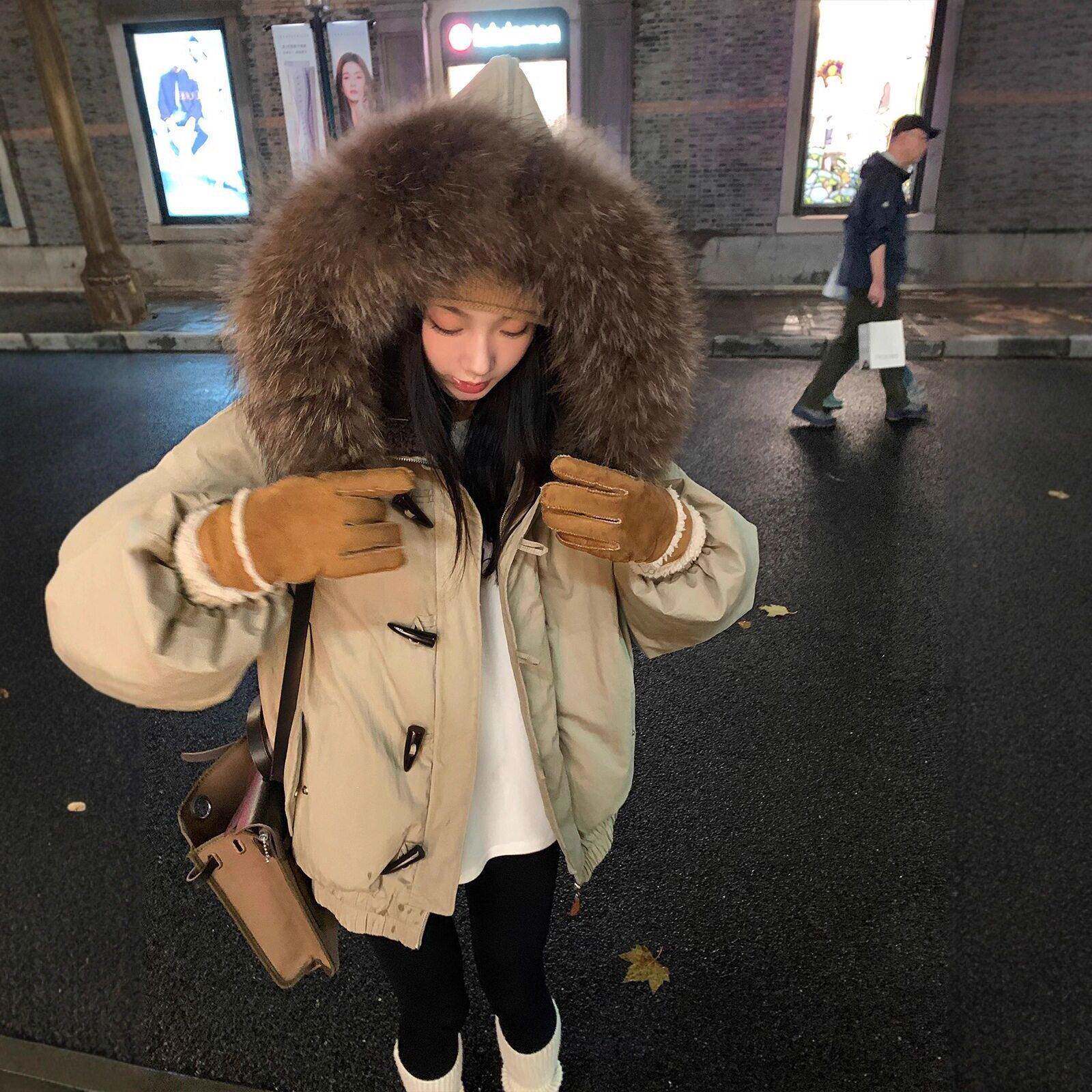 大毛领连帽派克服棉衣女羽绒棉防风加厚复古牛角扣宽松显瘦棉袄