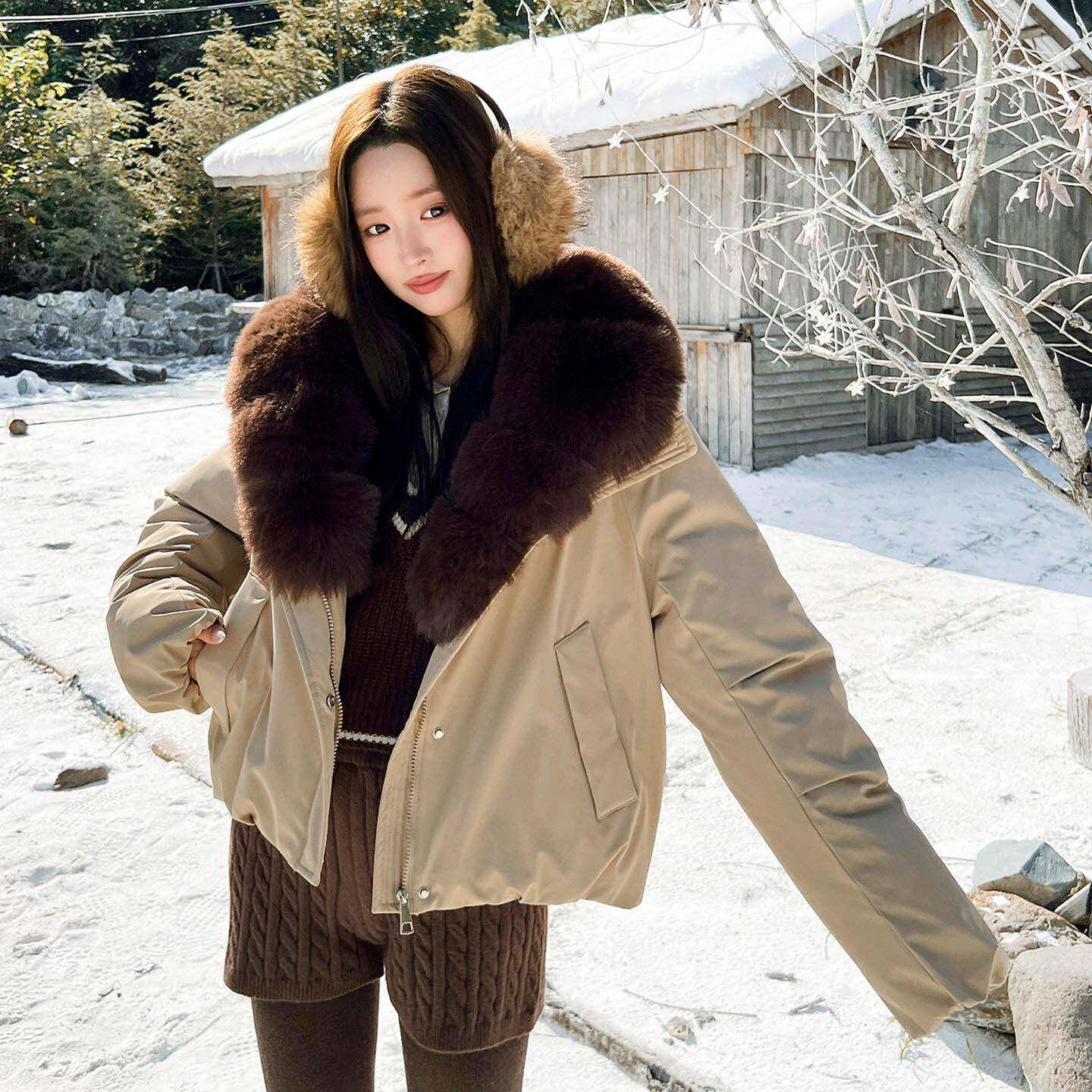 冬季新款仿狐狸大毛领短款羽绒棉服女加厚保暖派克服时尚外套女